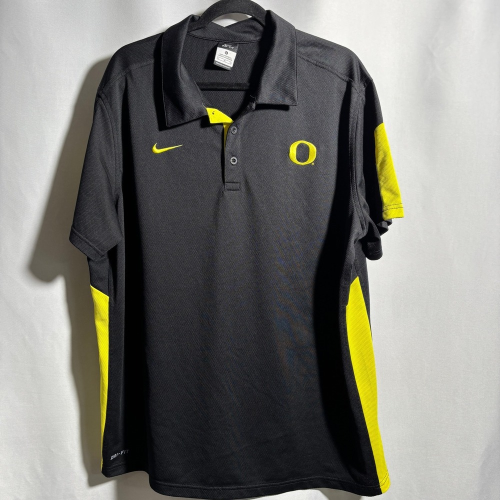 Nike Dri Fit Oregon Ducks Golf Polo Shirt Mens XL Black Yellow Logo Sporty Coach